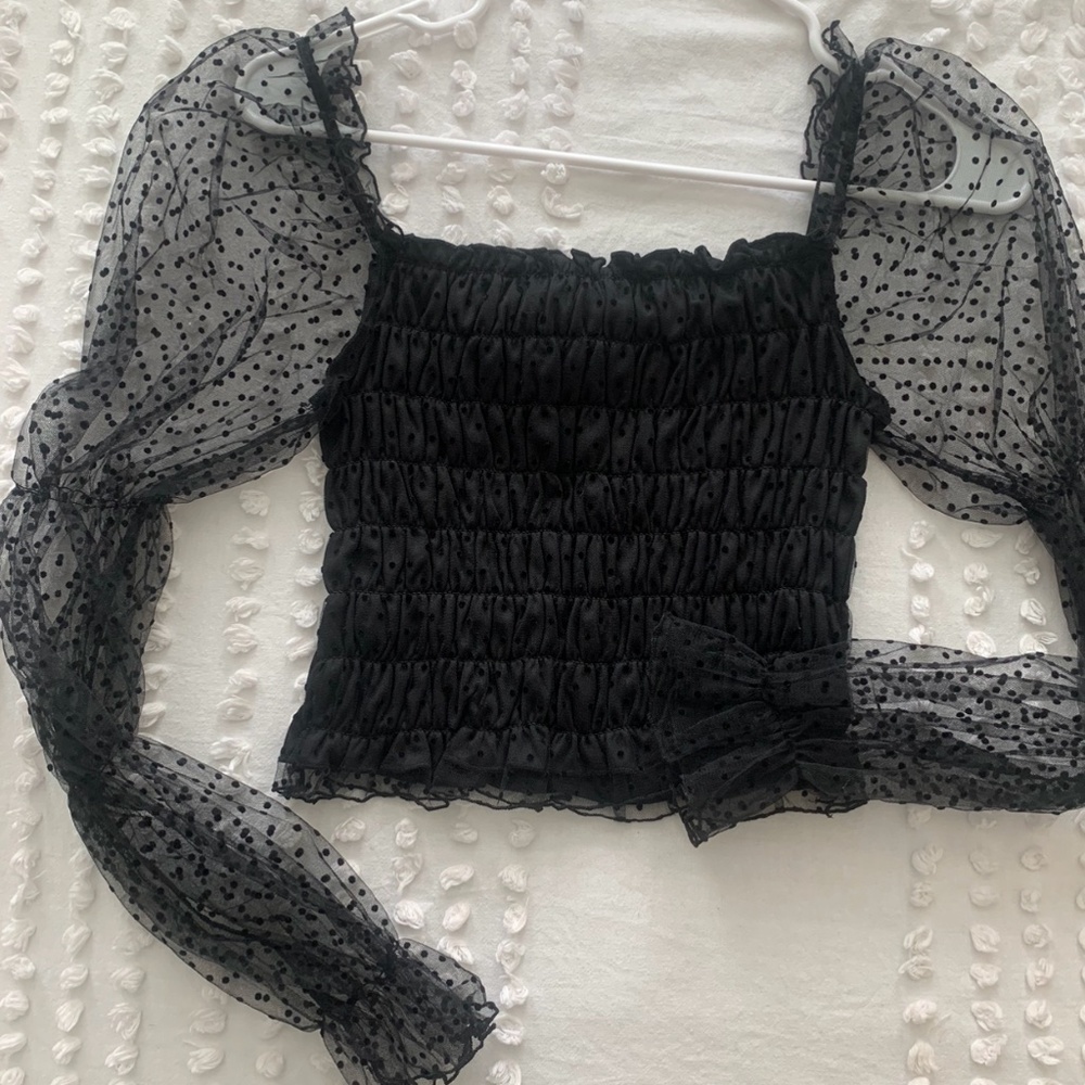 Black polka dot/shear sleeve blouse